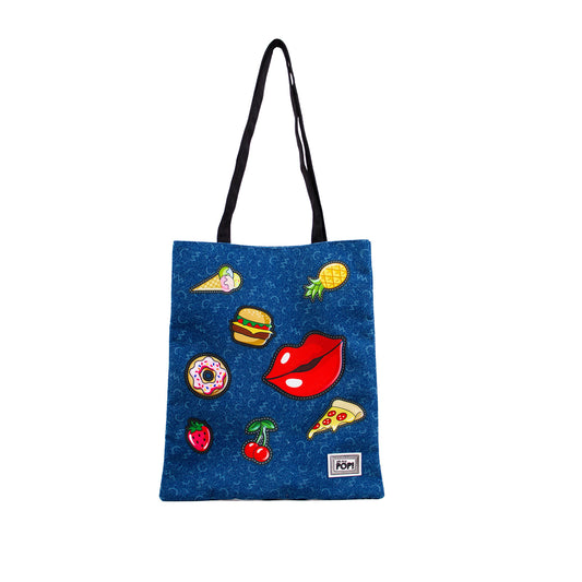 Oh My Pop Patches-Bolsa de la Compra Tote Shopping Bag, Azul Oscuro