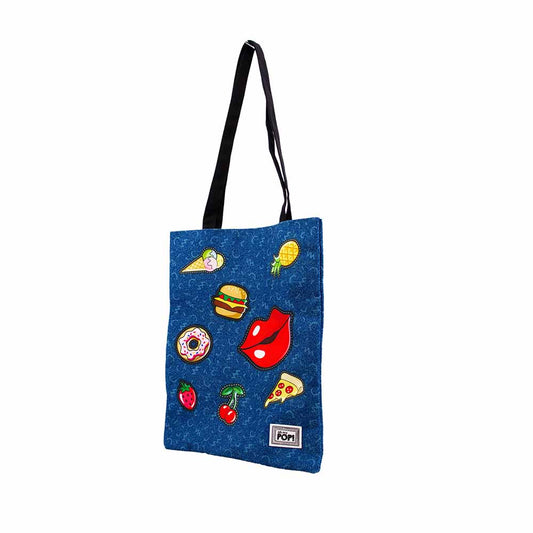 Oh My Pop Patches-Bolsa de la Compra Tote Shopping Bag, Azul Oscuro