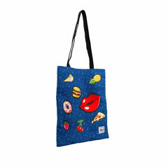 Oh My Pop Patches-Bolsa de la Compra Tote Shopping Bag, Azul Oscuro