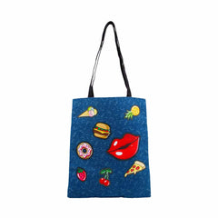 Oh My Pop Patches-Bolsa de la Compra Tote Shopping Bag, Azul Oscuro