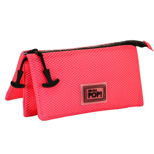 Oh My Pop Fucsia Neon-Estuche Portatodo Triple Mesh, Rosa
