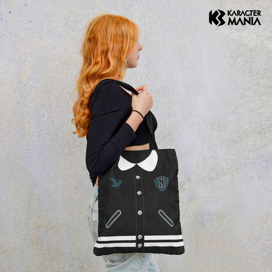 Wednesday Miércoles Varsity-Bolsa de la Compra Shopping Bag, Negro