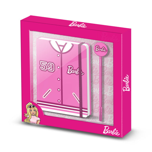 Barbie Varsity-Confezione Regalo con Diario e Penna a Sfera Fashion, Rosa