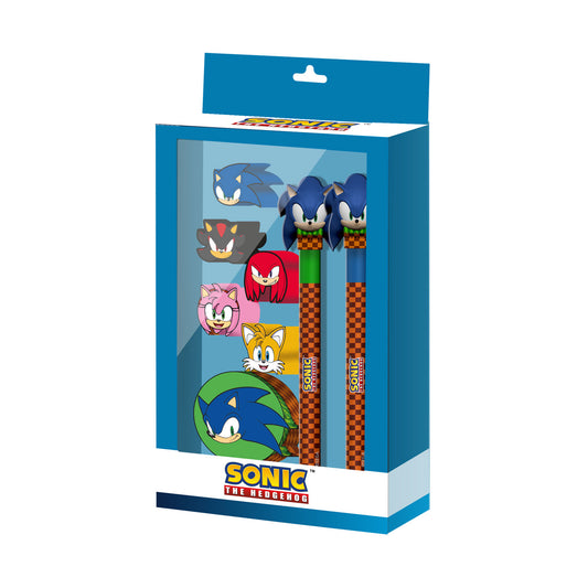 Sonic The Hedgehog - SEGA Greenhill Sonic-Pack de Boli Gel + Lapiz Eternal + 5 Gomas + Sacapuntas, Marrón