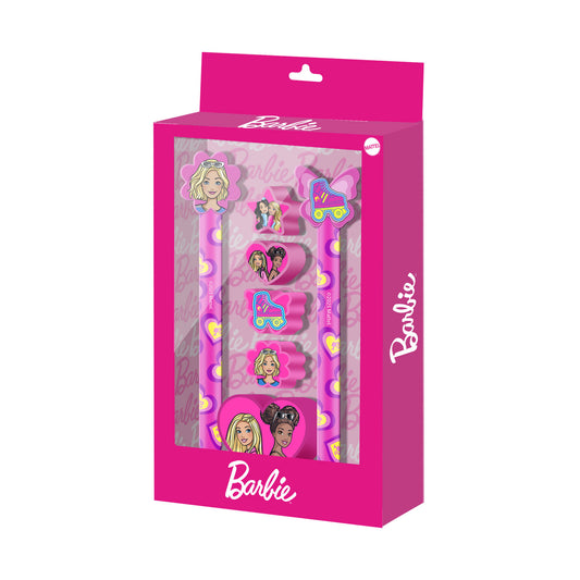 Barbie Mix-Pack Penna Gel + Matita Eterna + 4 Gomme + Temperamatite, Rosa