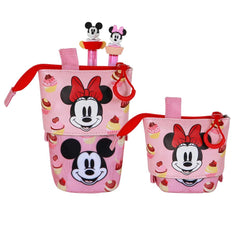 Disney Minnie Mouse Muffin-Penal portabil drăguț + 2 pixuri gel șterse, roz