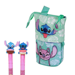 Disney Lilo și Stitch Aloha-Penal portabil drăguț + 2 pixuri gel șterse, albastru