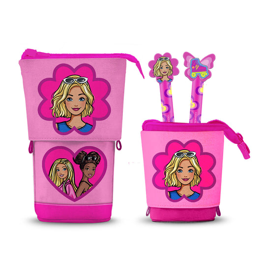 Barbie Flower-Estuche Portatodo Cute + 2 Bolígrafos de Gel Borrables, Rosa