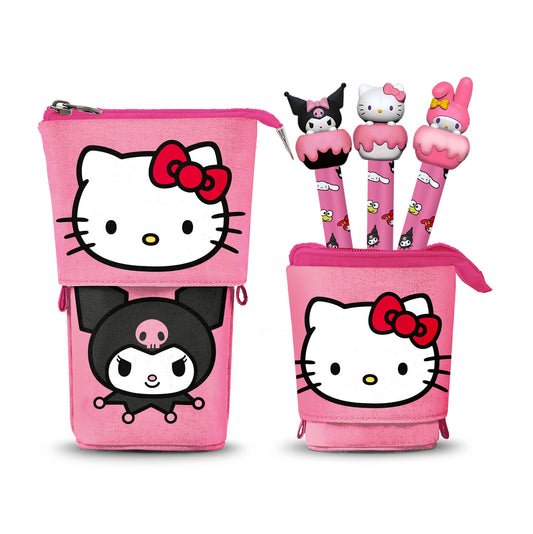 Hello Kitty Playful-Estuche Portatodo Cute + 3 Bolígrafos de Gel Borrables, Rosa