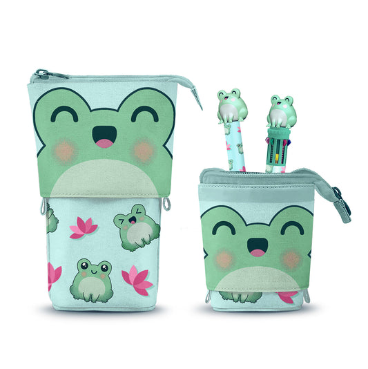 Oh My Pop! Froggy-Cute Pencil Case + 10-Colour Pen + Erasable Gel Pen, Turquoise