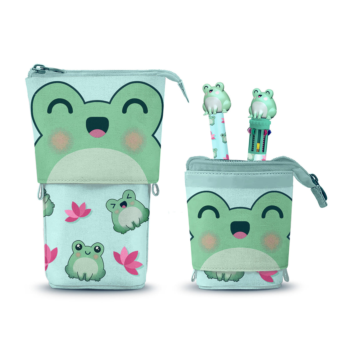 Oh My Pop Froggy-Cute Pencil Case + 10-Colour Pen + Gel Pen, Turquoise