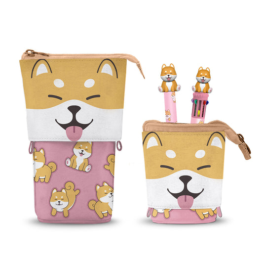 Oh My Pop! Shiba-Penal portabil drăguț + pix cu 10 culori + pix gel șters, multicolor