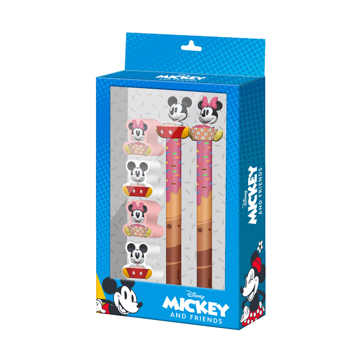 Disney Topolino e Minni Mix-Confezione di Penna Gel + Matita Eterna + 4 Gomme, Multicolore