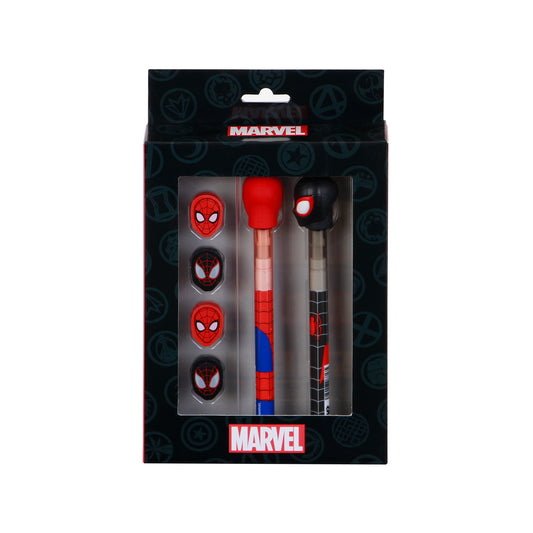 Marvel Spiderman Peter-Pack of Erasable Gel Pen + Eternal Pencil + 4 Erasers, Red