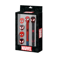 Marvel Spiderman Peter-Pack de Stylo Gel + Crayon Éternel + 4 Gommes, Rouge