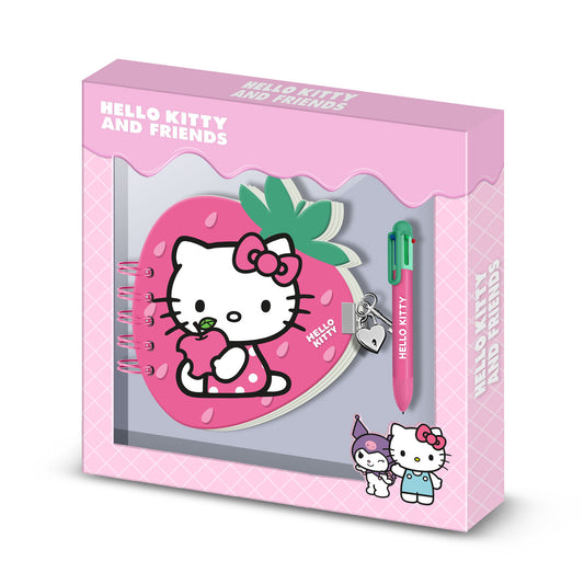 Hello Kitty Strawberry-Pack of Strawberry Diary + 6-Coloured Pen, Pink