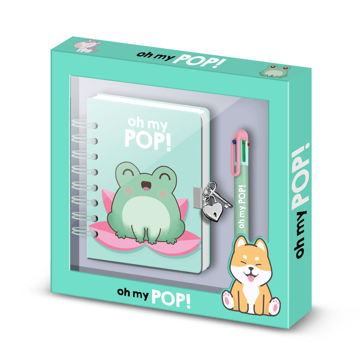 Oh My Pop Froggy-Confezione con Diario A5 + Penna 6 Colori, Turchese