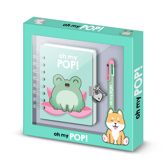 Oh My Pop! Froggy-Pack de Diario A5 + Bolígrafo de 6 Colores, Turquesa