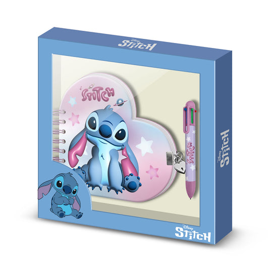 Disney Lilo e Stitch Cosmic-Confezione con Diario Cuore + Penna 6 Colori, Rosa