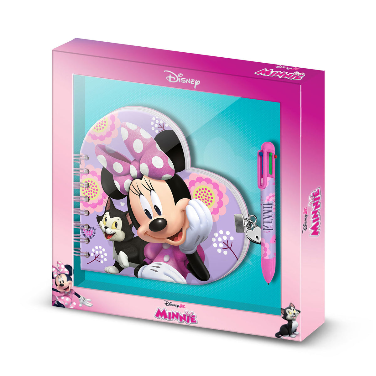 Disney Minnie Mouse Cat-Confezione con Diario Cuore + Penna 6 Colori, Lilla