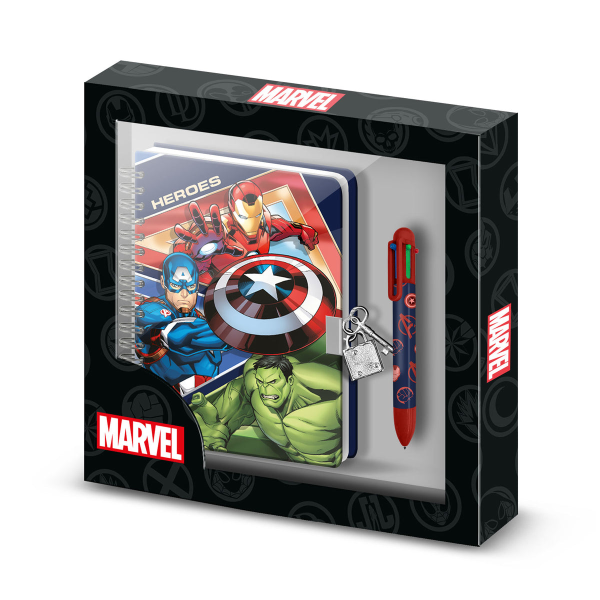 Marvel Avengers Battle-Confezione con Diario A5 + Penna 6 Colori, Blu