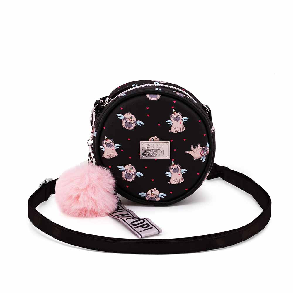Oh My Pop Pug-Bolso Bandolera Redondo Pequeño, Negro