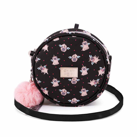 Oh My Pop Pug-Round Shoulder Bag, Black